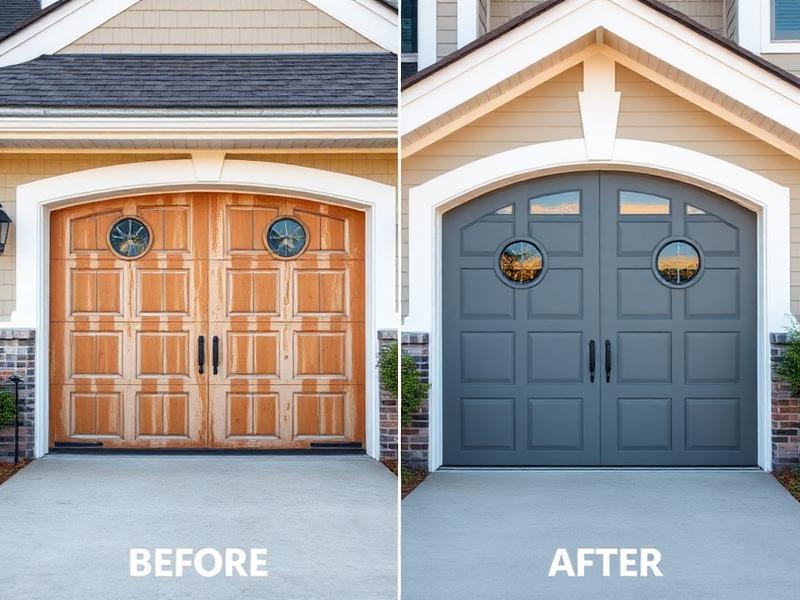 Before and after garage door transformation showing coastal style door with porthole windows installation